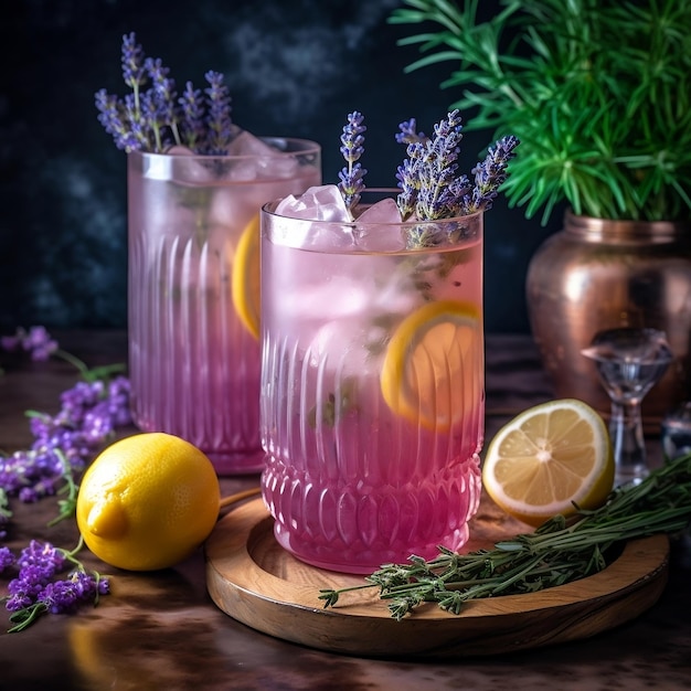 Two Ribbed Glasses of Lavender Lemonade AI