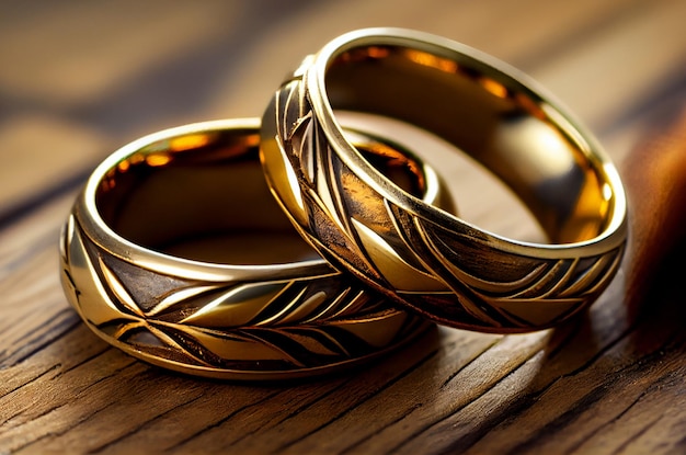 Two rings on a table, one of which is gold.