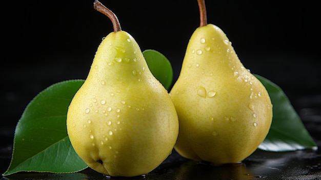 Two ripe pears with leaves