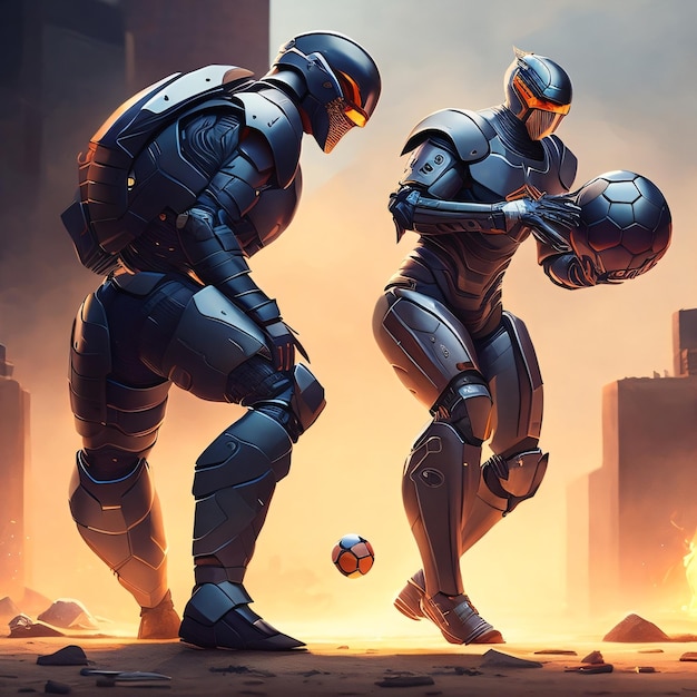 Two robots are fighting with a ball in front of them.