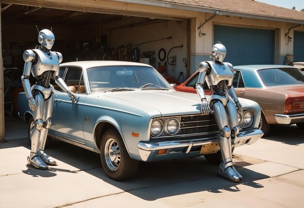 two robots are in front of a car that says the car is a honda