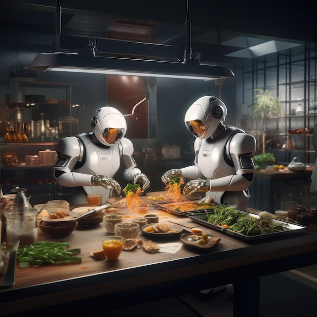 Two robots preparing food in the kitchen