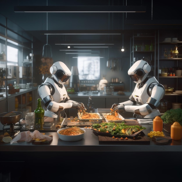 Two robots preparing food in the kitchen