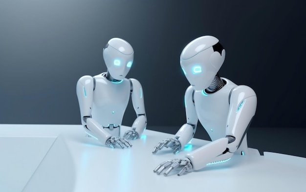 Two robots sit at a table with one saying'robot '