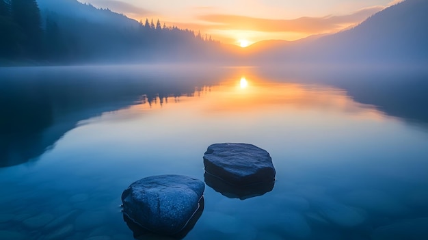 Photo two rocks in a foggy lake at sunrise