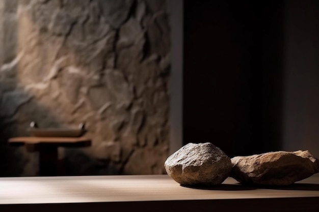 Two rocks on a table with a stone wall in the background