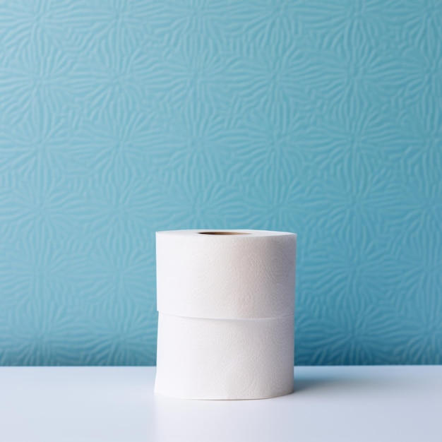 Photo two rolls of toilet paper are stacked on a white countertop against a teal wall