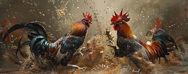 Photo two roosters having an intense fight in the mud