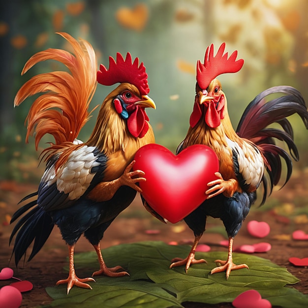 two roosters holding valentine heart