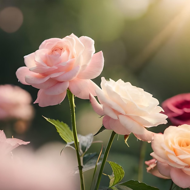 Two roses in nature with a green stem