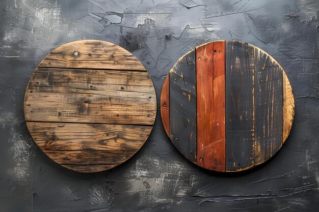 Photo two round wooden circles on a black background with a wooden circle and a wooden circle