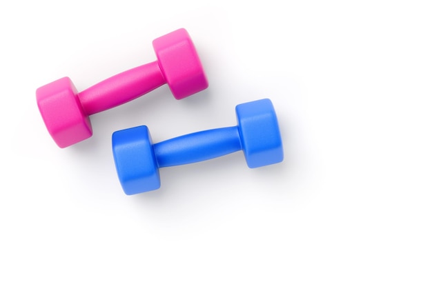 Two rubber or plastic coated fitness dumbbells of pink and blue color isolated on white background. 3D illustration