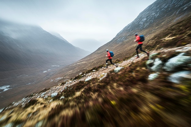 Two Runners Ascending a Mountain Path in a Foggy Landscape