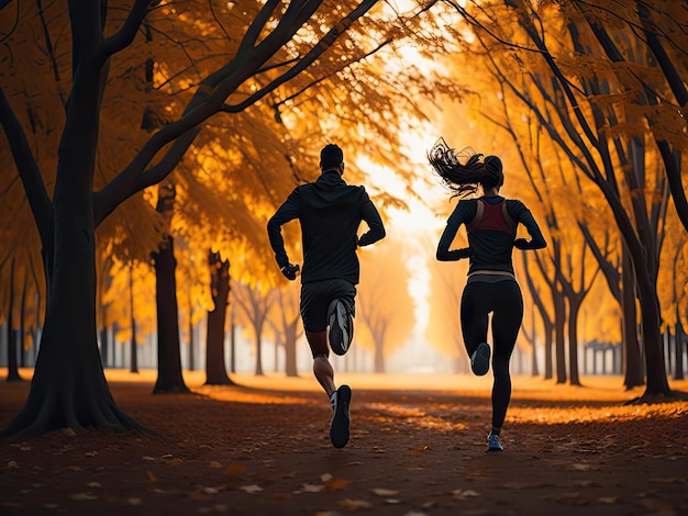 Two runners back view running in autumn park ai generative