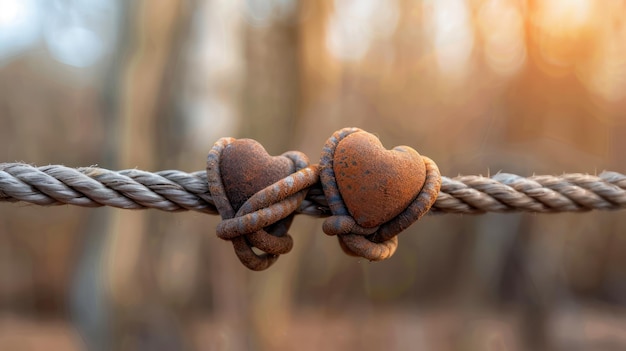 Two Rustic Hearts Bound Together by a Rope A Symbol of Devoted Union and Heartfelt Connection