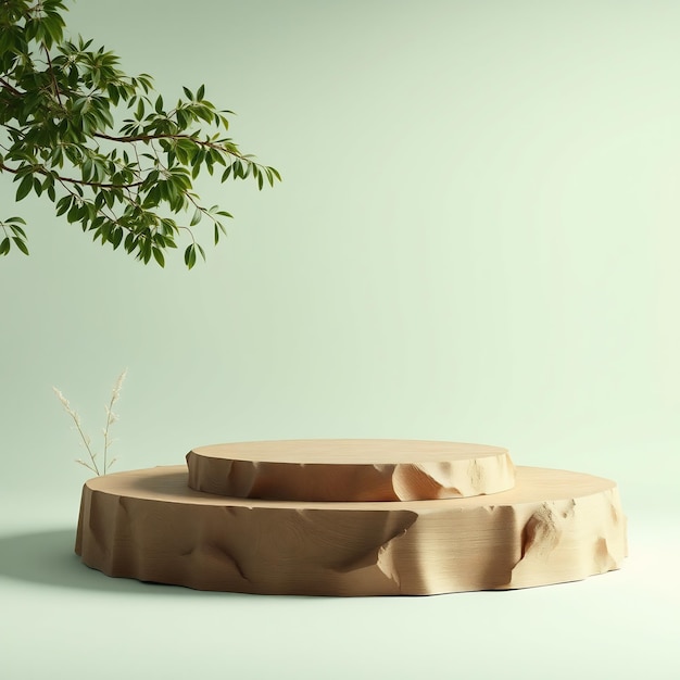 Photo two rustic wooden podiums with green foliage on a green background