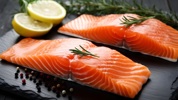 Two salmon fillets on a table with lemons and herbs