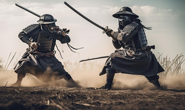 Two samurai faced off with their katanas drawn ready to figh Creating using generative AI tools