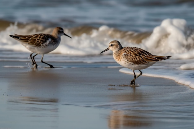 Two sandpipers walk on the beach with the ocean in the background