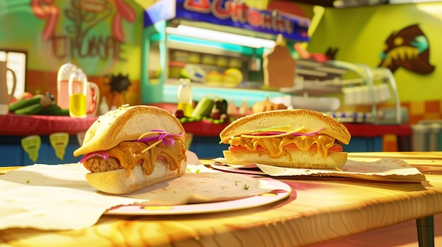 Photo two sandwiches are on a table with a sign that says pepsi