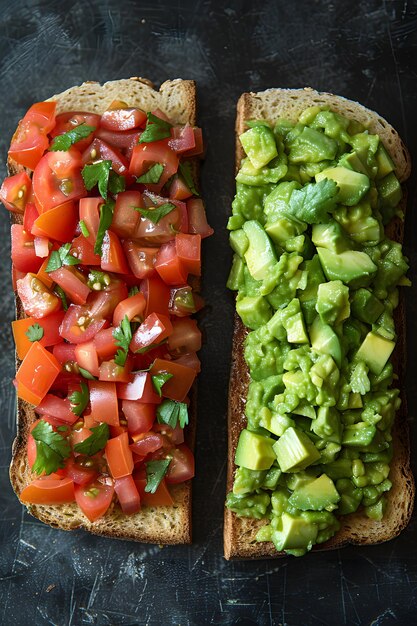 Photo two sandwiches with avocados and avocado on them one of which has avocados on it