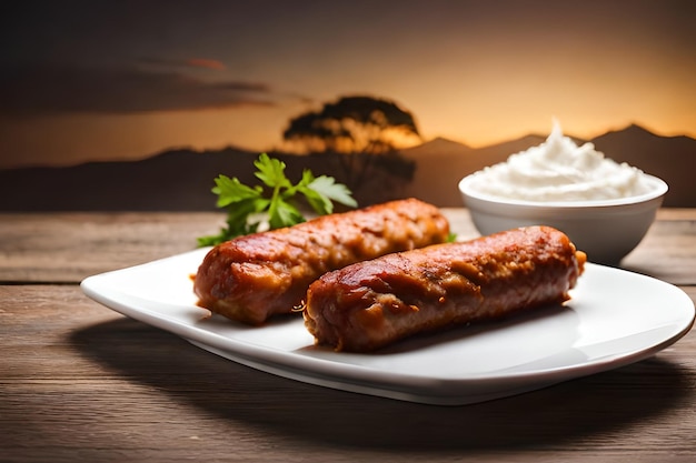 Two sausages on a plate with a bowl of whipped cream and a mountain in the background