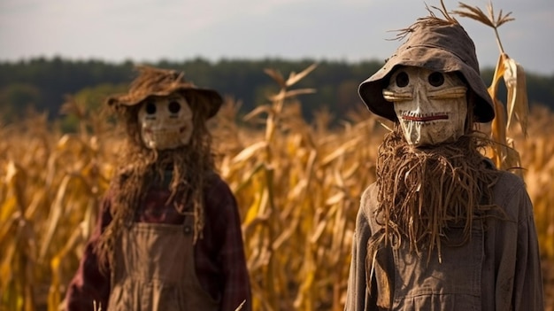 Two scarecrows stand in a corn field