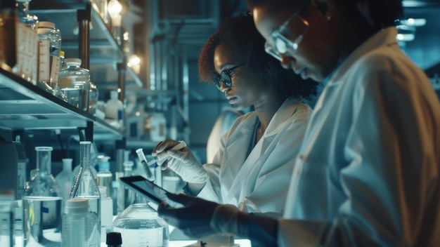 Two scientists concentrated on research in a hightech laboratory environment