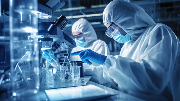 Two scientists in full protective suits including masks and gloves are conducting research in a hightech laboratory environment using microscopes and other scientific equipment