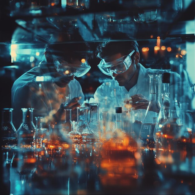 Photo two scientists in lab coats are working on a scientific experiment they are both wearing safety goggles and looking at a beaker