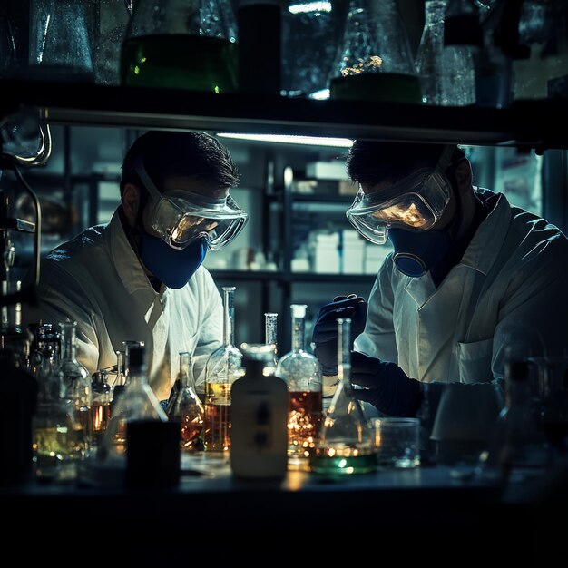 Photo two scientists in a laboratory wearing face masks and safety goggles working with beakers