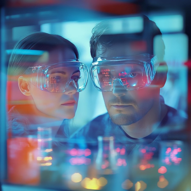 Photo two scientists in a laboratory wearing safety glasses looking at a beaker