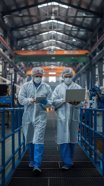 Two Scientists Walking in a Heavy Industry Factory in Sterile Coveralls and Face Masks Using Lapto