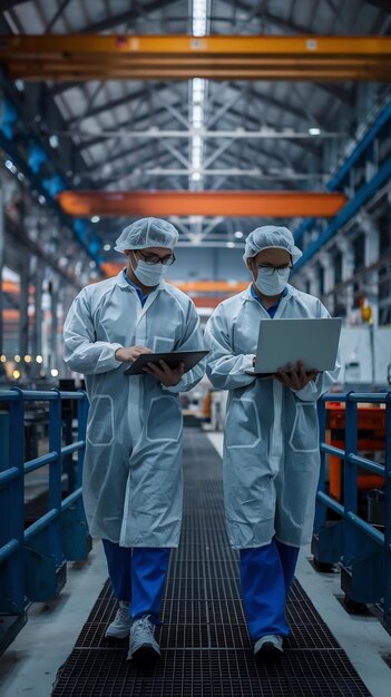 Two Scientists Walking in a Heavy Industry Factory in Sterile Coveralls and Face Masks Using Lapto