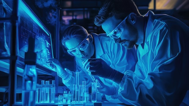 Two Scientists Working in a BlueLit Laboratory