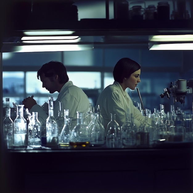 Photo two scientists working in a laboratory one looking at a microscope and the other writing in a notebook with various beakers and glassware in front of them