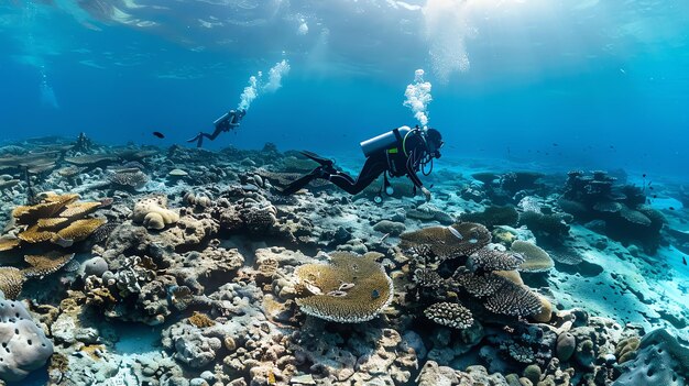 Two scuba divers explore a coral reef The water is crystal clear and the sun is shining