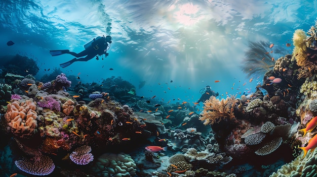 Two scuba divers exploring a vibrant coral reef The divers are surrounded by colorful