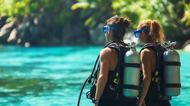 Photo two scuba divers stand ready to plunge into the turquoise waters