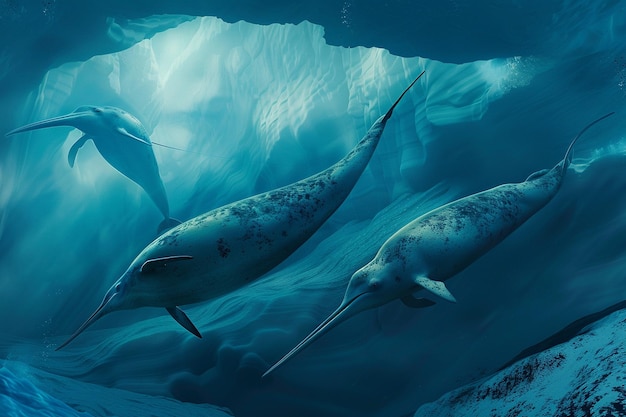 two sea lions are swimming under a sea lion