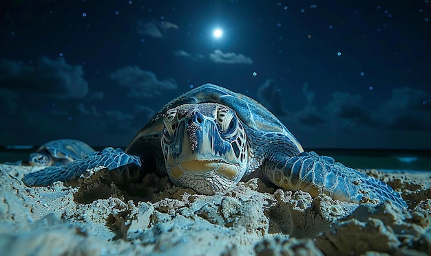 two sea turtles laying on the beach with the ocean in the background