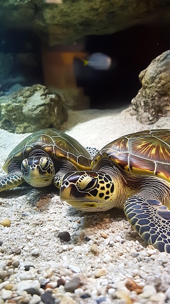 Photo two sea turtles resting on a sandy ocean floor among rocks