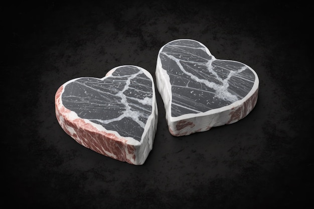 Two seasoned marbled beef steaks in the shape of a heart cooked on a stone slab