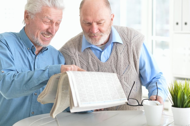 Two senior men reading newspaper