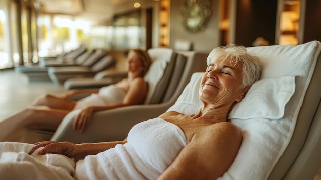 Two seniors enjoy soothing massages in a luxurious hotel spa designed for ultimate comfort