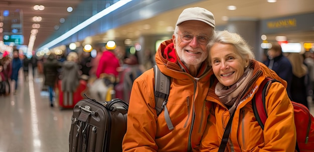 Two seniors with luggage in airport generated with Generative AI technology