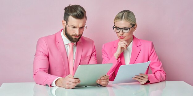 Two serious business people looking at work report or business plan