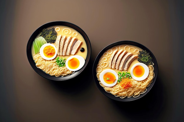 Two servings of japanese tonkotsu ramen bowl with thin pieces of turkey