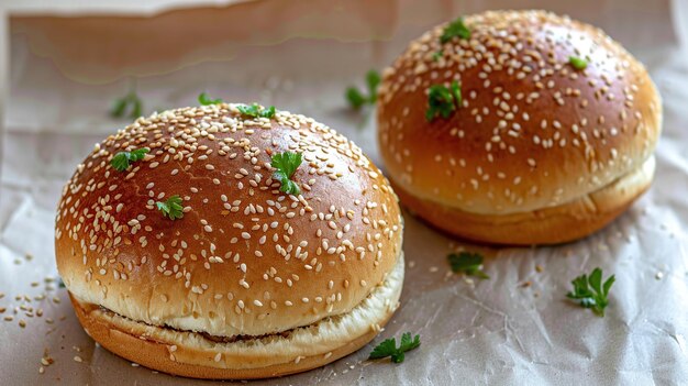 Two Sesame Seed Burger Buns on Parchment Paper