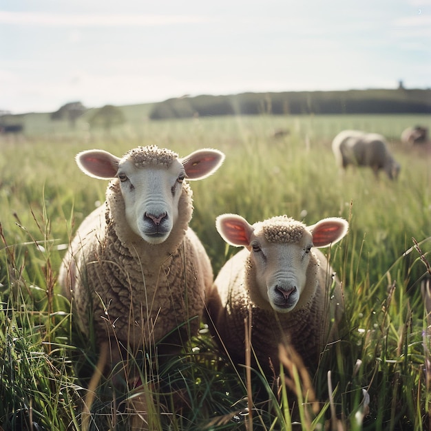 two sheep in a field with one being a lamb